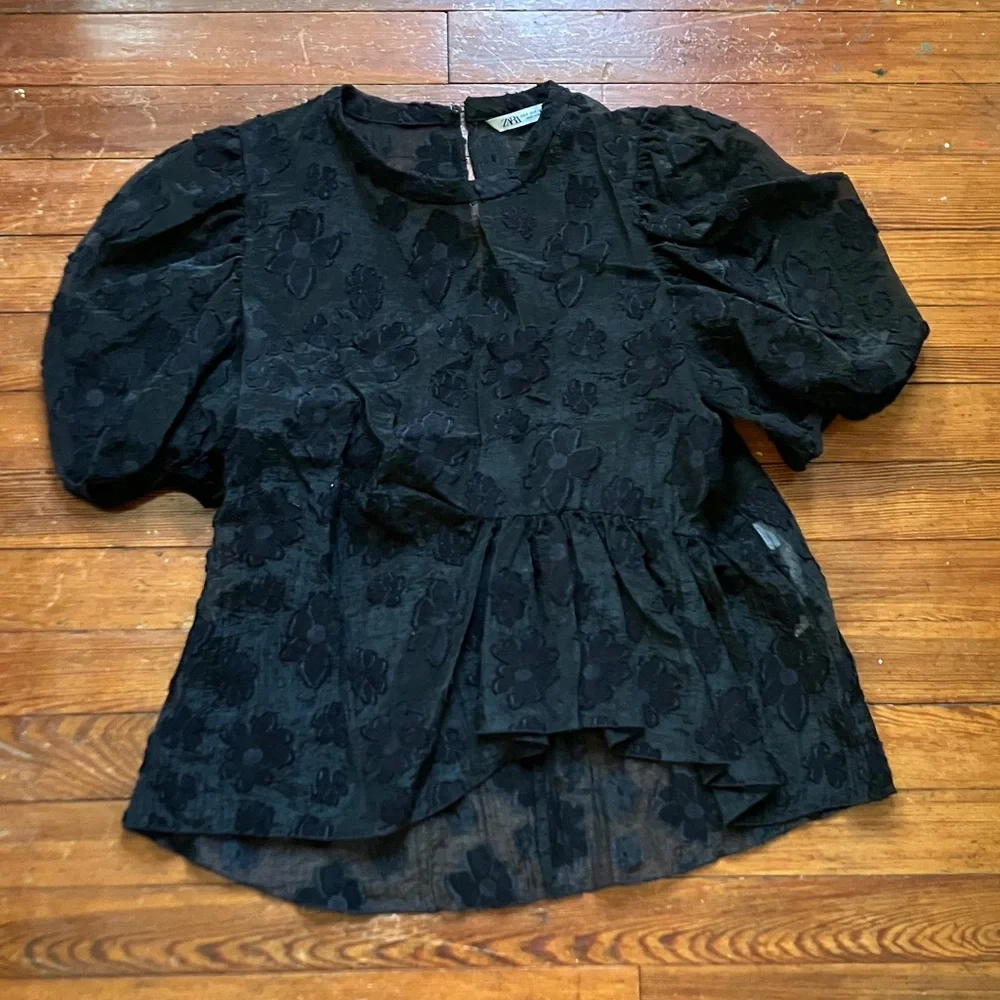 Zara Floral Sheer Organza Puff Sleeve Blouse - Picture 4 of 13